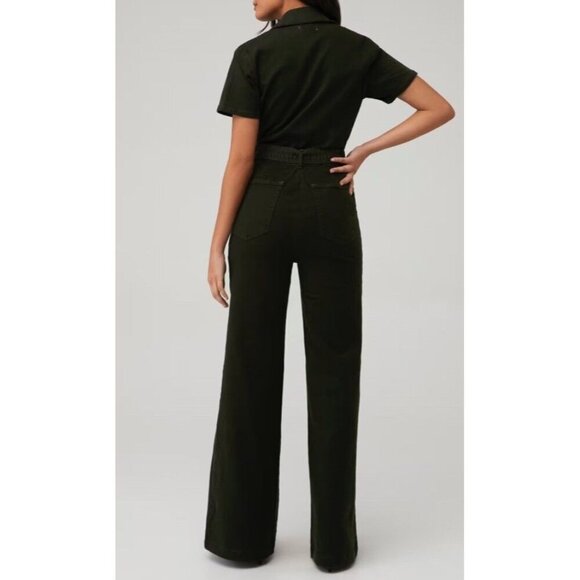GOOD AMERICAN Sz 2 / M Jumpsuit Fit For Success Palazzo Denim Belted Green Retro - Picture 2 of 10